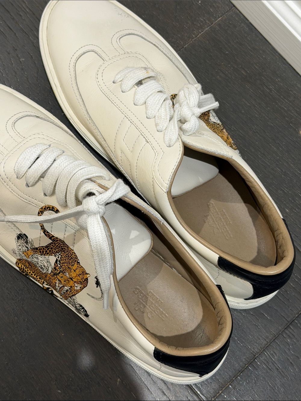 Hermes White Leather Sneakers with Leopard Motif and Black Heel - Picture 6 of 9